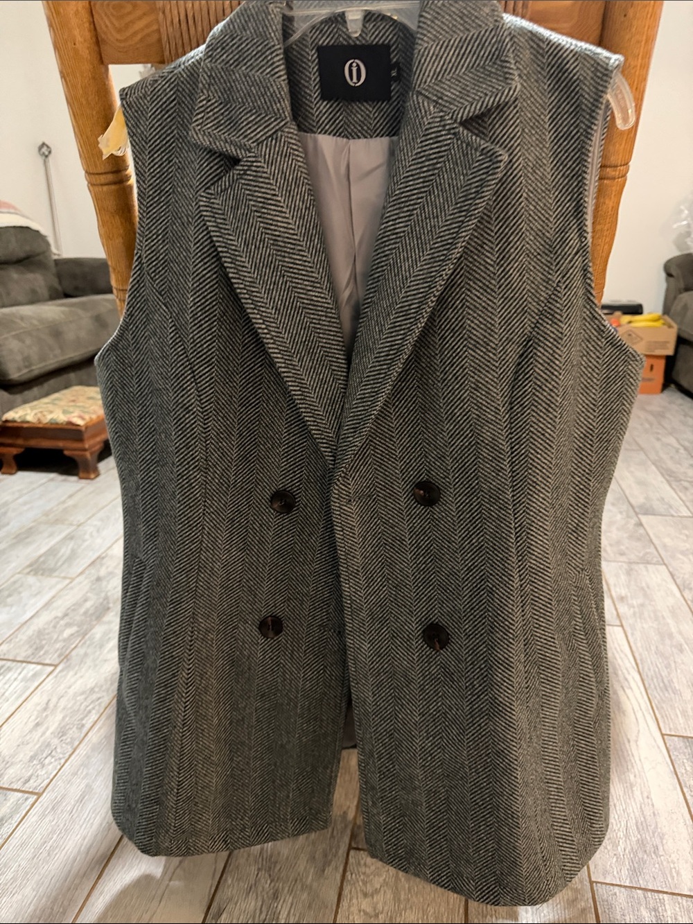 Double-Breasted Herringbone Wool Vest - Gray